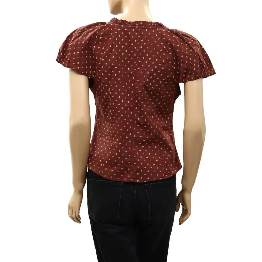 Free People Puff Sleeve Printed Blouse Top Buttondown Floral Ruffle S 289177